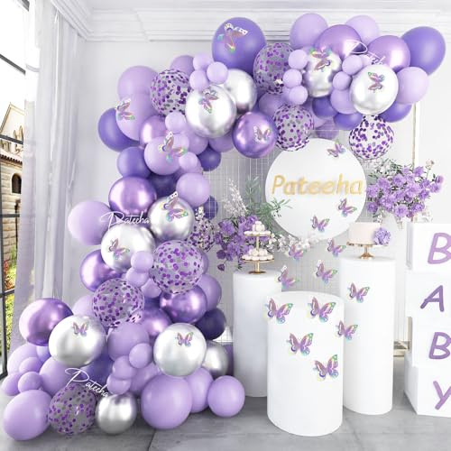 Pateeha Purple Balloon Arch Kit 140Pcs Lavender Balloons Garland Kit Butterfly Baby Shower Decorations Metallic Silver Lilac Balloons 12Pcs Butterfly Stickers for Birthday Party Decorations