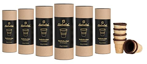 LIEBELEI - 6x 6er Pack Waffelbecher mit Schokolade - 36 knusprige Schokobecher für Eierlikör oder Eis, 2cl Eierlikörbecher, essbar mit Schokoglasur