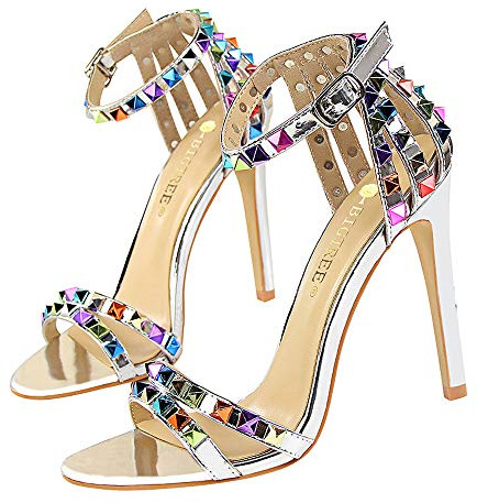 Kimigia Zapatos de Mujer, Sandalias de tacón Alto de Aguja con Punta Abierta y Correa de Tobillo Colorida para Fiesta, Club Nocturno, Regalo de cumpleaños, Altura del tacón 11CM