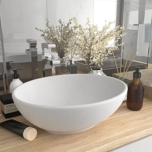Tidyard Lavabo de Lujo Ovalado Lavabo sobre Encimera Lavabo de Baño Lavabo Ovalado Moderno para Encimera Cerámica Blanco Mate 40x33 cm