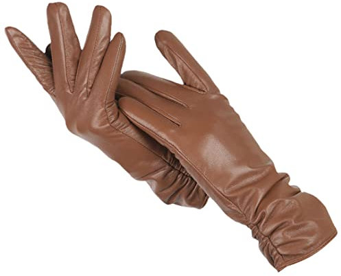 Damen Klassische Plissee-Lederhandschuhe Damen Winter Echtleder Handschuhe Damen Schaffell Handschuhe, khaki, 7