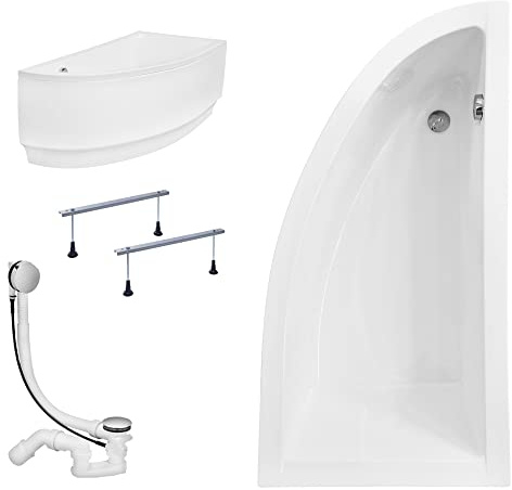 KOLMAN Badewanne PRAKTIKA Eckbadewanne 140x70 Rechts mit AcrylSchürze, Ablaufgarnitur und Füßen Komplettset 4in1 Premium Original Acryl Wanne Siphon