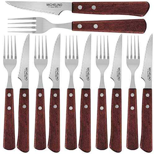 Michelino Steakbesteck 12tlg. mit Holzgriff für 6 Personen Steakmesser Steakgabel Messer Gabel Essbesteck Grillbesteck