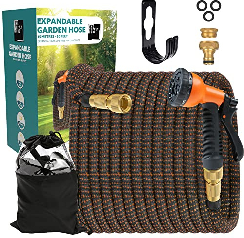 Supply Cube 50FT Expandable Garden Hose - Flexible Garden Hose with 8 Spray Modes - Anti-Leak Retractable Hose Pipe with 3/4 in. Brass Connector - Multi-Purpose Expanding Hose Pipe - Black & Orange