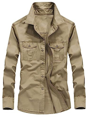 Hdhdeueh Taktisches Herren-Shirt, Baumwolle, langärmelig, Airsoft, Paintball, Kostüm, Übergröße, Outdoor-Shirt, khaki, XXXXX-Large