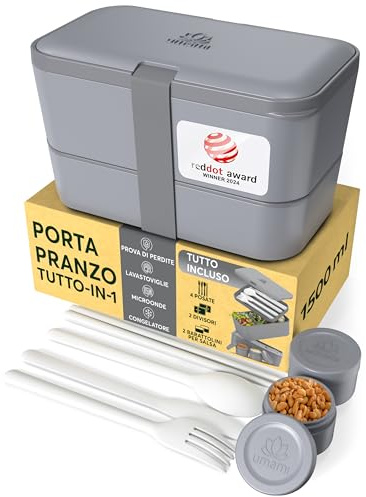 Umami Lunchbox Erwachsene, auslaufsicher, bento box Fächern & 4 Bestecke | 1500 ml, ineinander stapelbar, mikrowellen- und spülmaschinenfest, ideal für Büro, Picknick, Meal Prep, Kohlengrau