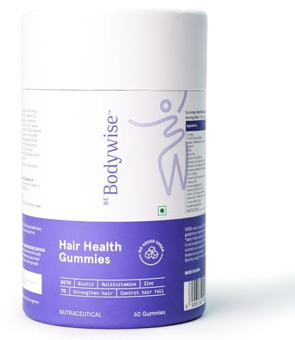 Be Bodywise Biotin Hair Gummies for Hair Growth & Thickness, 60N | Zinc, Vitamin D & B12| 100% Vegan Hair, Skin & Nails Vitamins for Women & Men | No Added Sugar, Gelatin Free | 2 Months Supply