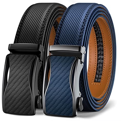 KEMISANT Gürtel Herren 2er, Ledergürtel Gürtel Ratsche Automatikschließe für Herren Verstellbar 35mm Breit mit Geschenkbox(Schwarz/Blau,125cm/36-42 taille verstellbar)