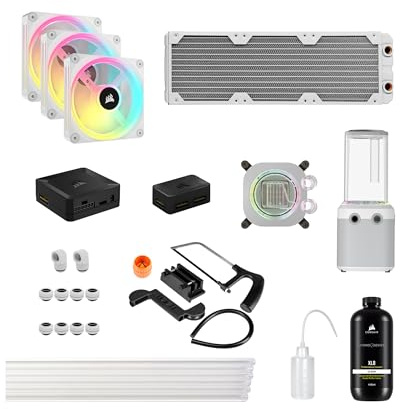 Corsair Hydro X Series iCUE LINK XH405i Custom Cooling Kit – Hardline Water Cooling Loop – XC7 ELITE CPU Water Block – XD5 ELITE D5 Pump Res – XR5 360mm Radiator – 3x QX120 RGB Fans – White