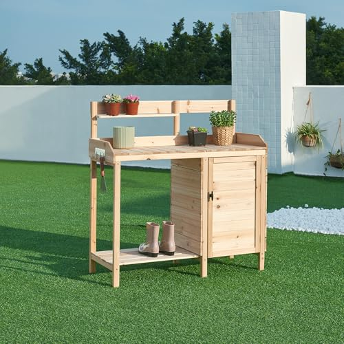 casa.pro Banco di Lavoro per Giardinaggio in Legno di Abete con Armadietto Cassetto Ripiani e Ganci Porta Attrezzi Tavolo da Giardino per Rinvaso e Cura delle Piante 110x107x46 cm