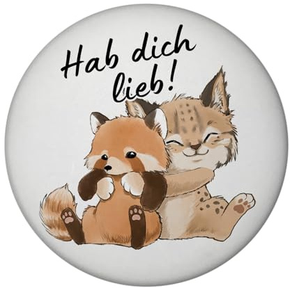 Luchs und Panda Magnet rund mit Spruch Hab Dich lieb Perfekt für Partner oder Freunde eine süße Umarmung zwischen Raubkatze und Panda als Valentinsgeschenk
