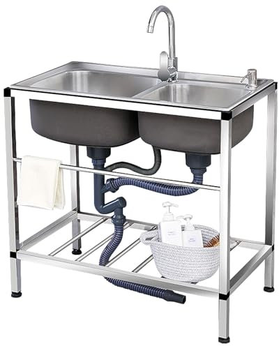 Outdoor Sink Stainless Steel Free-Standing Catering Sink, Portable Kitchen Sink, Double Bowl Unit and Cold Hot Tap for Laundry Room Garage