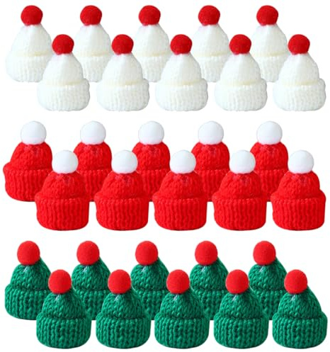 EIHI 30 Stück Mini Weihnachtsmütze, Mini Strickmützen Puppe Hut, Kleine Nikolausmützen Lutscher Mütze für DIY Handwerk Kunst Weinflasche Deko Christmasbaumschmuck Puppenzubehör
