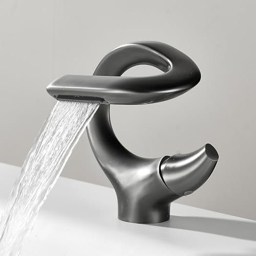MocArt 7012 Wasserfall Wasserhahn, S-förmiger Kreativer Badarmaturen, Waschtischmischer-Wasserhähne, Keramikventilkern, Wassersparendes Design (Metallic Grau)