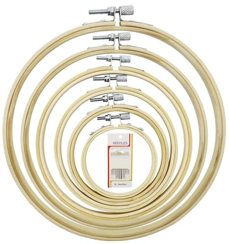 6 telai da ricamo e 16 aghi da cucito, telaio rotondo in bambù, telaio rotondo regolabile, senza sbavature, liscio e leggero, ottimo per ricami, opere d'arte, strumenti fai da te (3/4/5/6/7/8 pollici)