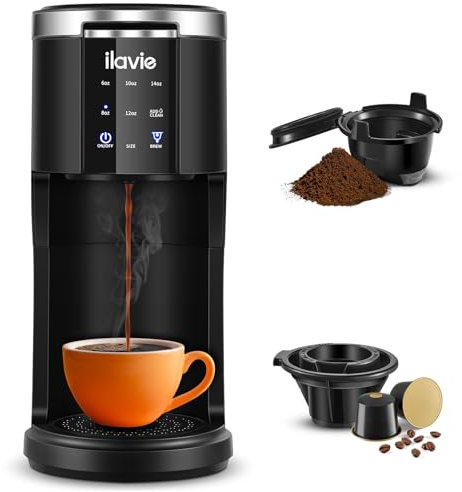 ILAVIE - Macchina da caffè 2 in 1 monoporzione, caffettiera K da 40 once per capsule a tazza K e caffè macinato, caffettiera a tazza singola con 5 dimensioni di birra fino a 14 once, macchina da caffè