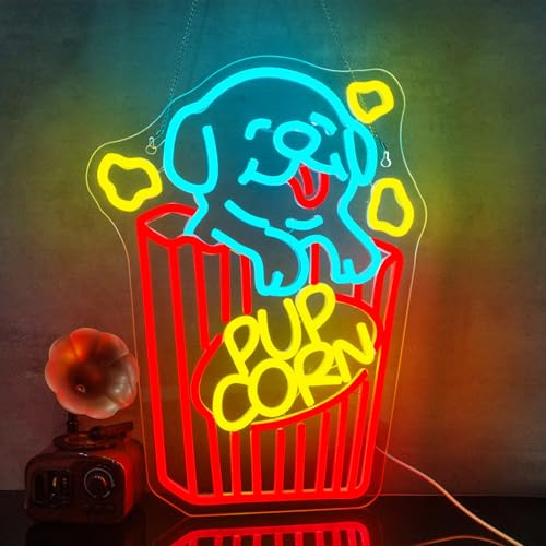 Looklight Dog Popcorn Neon Schild Popcorn-Kino, LED-Leuchtreklamen für Wanddekoration Filmzimmer-Neonschild, Filmzeit-Neonlicht dimmbare USB-Neonlichter für Filmzimmer Kino Party Geschäftsschilder