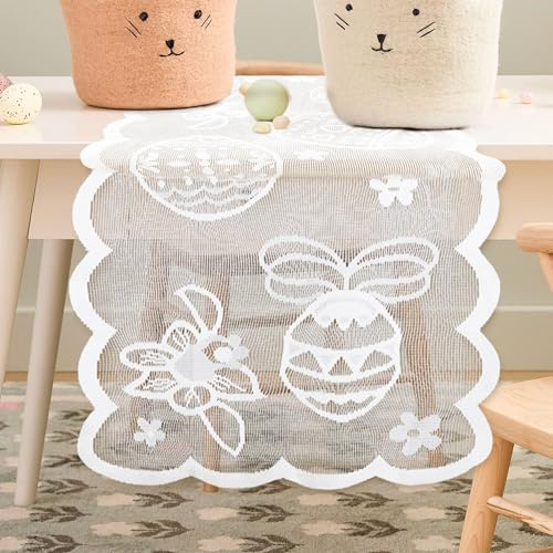 Herbst Spitze Tischdecke Ostern 183x33 cm Hasen Stickerei Weiß Tischläufer | Häkelspitze Mitteldecke Frühling Osterhasen Tischband Ostereier Osterdekoration für Osterndeko Frühlingdeko