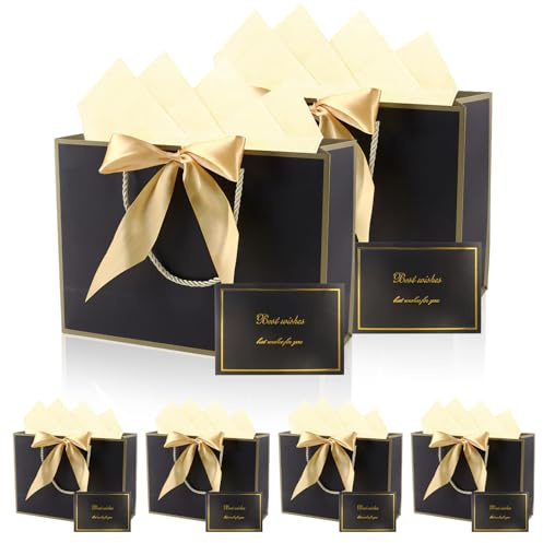XIAQICA Busta Regalo 6 Sacchetti Regalo con Fiocchi + 6 Carte + 6 Veline, Buste Regalo Medie con Manici Nero Borsa Regalo per San Valentino, Matrimoni, Compleanni, Feste