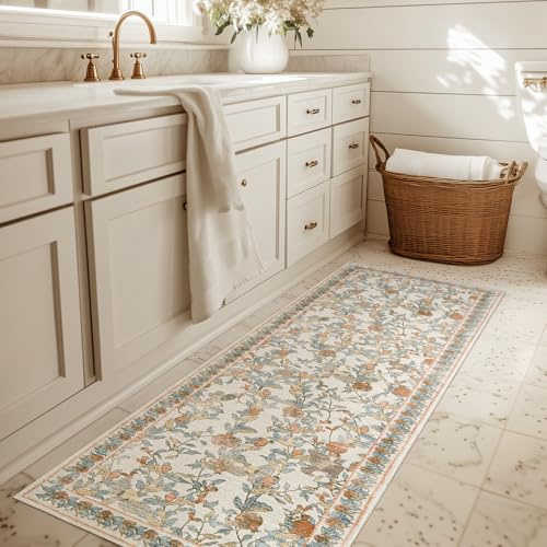 TOPICK Tapis de couloir avec fleurs, lavable, 60 x 180 cm, à poil court, vintage, orange, bleu, romantique, antibactérien, pliable, antidérapant, fin, pour ponts, chambre à coucher