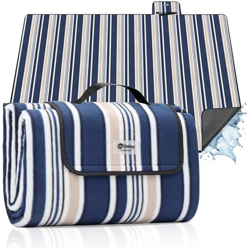 Sekey Picknickdecke Wasserdicht 200x200cm, sandfeste Strandmatte, PEVA-Wasserdichter Untergrund, Stranddecke Tragbare Faltbar Gepolstert, für Outdoor-Camping Strand und Wiese, Blau-Weiß-Beige Streifen
