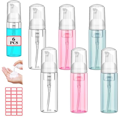 6 Pcs 2 oz Plastic Foam Pump Bottle Refillable 60ml Travel Mousse Foaming Soap Dispenser Mini Eyelash Cleaning Foam Bottle Dispenser for Face Wash Lash Shampoo Skin Care