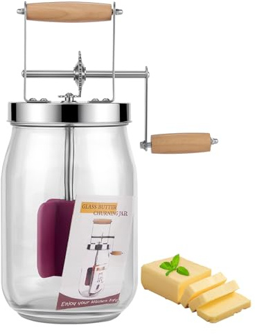 Butterfass Glas mit Handkurbel, 1,5L Butterfass Zum Butter Machen Mit Holzgriff Edelstahlgetriebe Manuelle Buttermaschine,Butter Selber Machen für Kräuterbutter, Knoblauchbutter (upgrade)