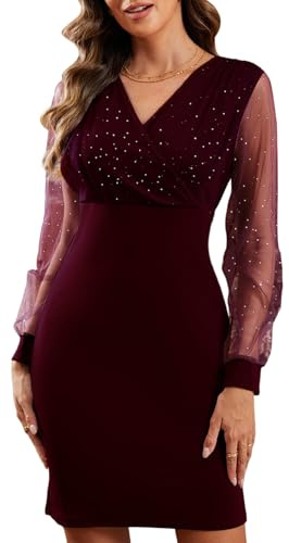 Joligiao Robes Femmes Col V Robe à Manches Longues Sexy Robe Dentelle Paillettes Courte Robes Col en V Robe De Soirée Élégant Robe Cocktail Festive Mini Robe Fête(Rouge vin,L)