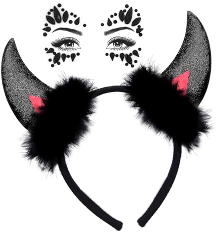 Bipl Halloween Teufelshörner und Glitzer Tattoo Gesicht Steine, Hörner Haarreif Schwarz, Teufel Hörner Kopfschmuck Haarreifen, Männer Damen für Karneval Halloween Party Deko Teufel Kostüm Accessoire