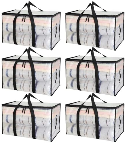 Lot de 6 90L Grands Sac de Rangement avec Couvercle et Poignées Renforcées, Sac Rangement Vetement, Cartons Déménagement Résistant pour Rangement des Vêtements et voyages, Sac à Linge