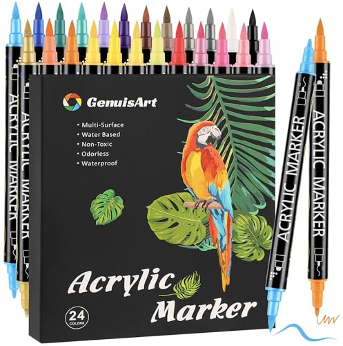 Sanweyter 24 Acrylstifte Farben, Acrylstifte Set 1-5mm Wasserfester Dual Tip Marker Pinsel und feine Spitze für Steine Glas, Papier, Holz, Leinwand, Keramik, Stoff, DIY für Kinder und Erwachsene