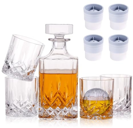 Crystal Whiskey Decanter Set In Gift Box - Includes 4 Crystal Whiskey Glasses and 4 Big Ice Ball Molds - Unique Whiskey Gift for Men