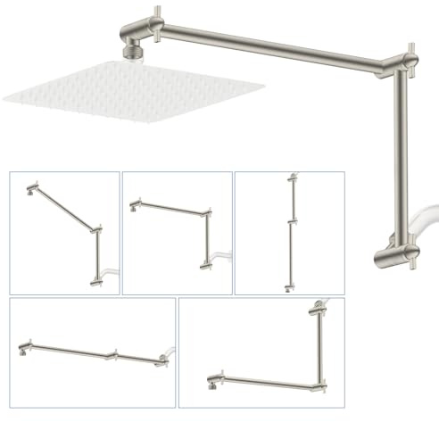 iFealClear All Metal 20 Shower Head Extension Arm, Solid Brass Shower Head Extender Adjustable Height Angle, G1/2 Universal Connection Stainless Steel Rain Showerhead Pipe, Lock Joint, Brushed Nickel