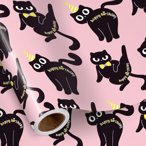 RUSPEPA Mini presentpapper med kattmotiv – söt svart katt med festhatt och fluga, rosa papper, 43,2 cm x 5 m – för barn, flickor, djurälskare, födelsedag och baby shower