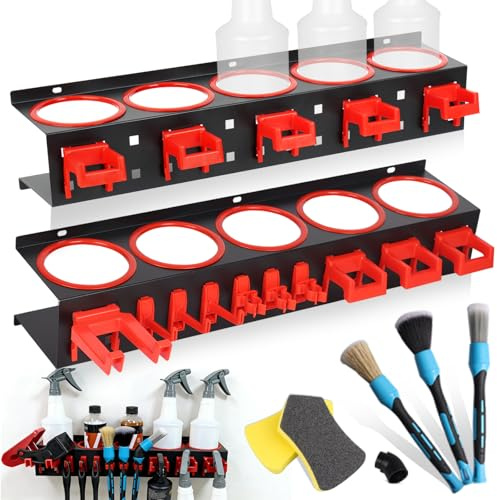 22Pcs Spray Bottle Holders Set, Wall Mounted Steel Rack, Heavy-Duty 70lbs Cap. With Detachable Hooks & Brushes for Car Detailing, All-in-One Organizer for Aerosol Cans Tools in Garage Van Workshop