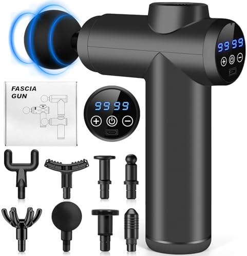 AQXONG Mini Pistola de Masaje Muscular, 99 Velocidades, Pistola de Masaje Ultrasilenciosa, 8 Cabezales de Masaje, Pantalla LCD, Batería de 2000mAh Masajeador Portátil - Alivia el Dolor Muscular