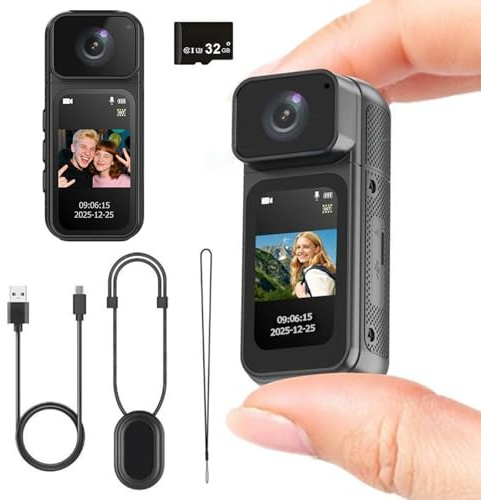 ormos Actionkamera, 2,7K upplösning, Wi-Fi-anslutning, 180° roterande vidvinkellins, magnetisk och bärbar design, ultralätt, inkluderar 32 GB TF-kort