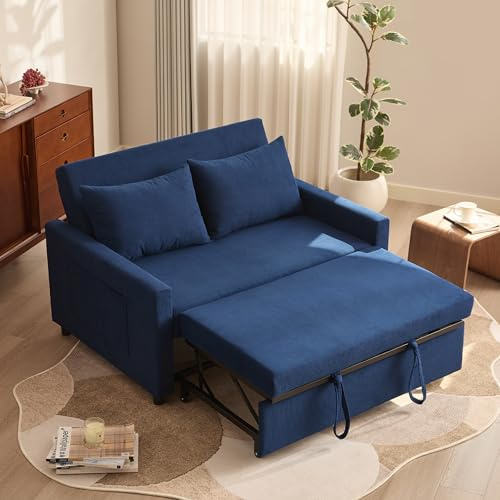 Litbird Schlafsofa 2-Sitzer, 3-in-1 ausziehbares Sofa Bett, Cordstoff Schlafcouch mit Verstellbarer Rückenlehne und Seitentaschen, für Wohnzimmer und Gästezimmer,Navyblau