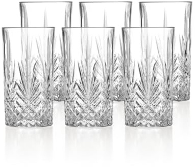 klink LONDON Mayfair Crystal Glass Highballs – Set of 6 Lead-Free Crystal Long Drink Glasses, 410ml Vintage Cut Cocktail & Gin Glasses, Dishwasher Safe