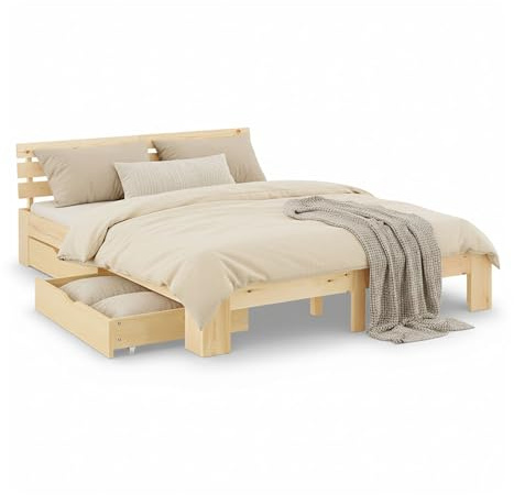Homestyle4u Massivholz Stauraumbett 180x200 mit 2 Schubladen Natur Doppelbett mit 2 Bettkästen & Lattenrost Holz Bettgestell Stauraum Bett für Schlafzimmer, Gästezimmer & Jugendzimmer, Artikel 3201