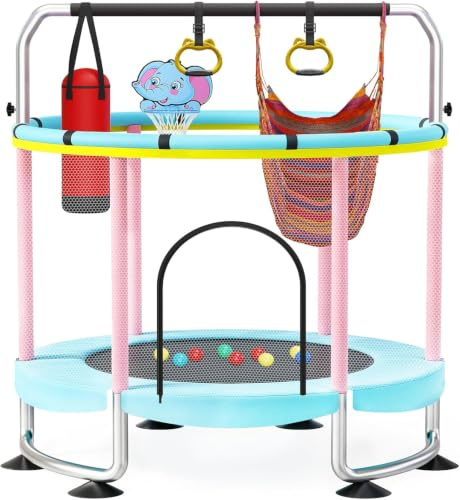 150cm Kinder Trampolin Outdoor/Indoor mit Basketballkorb, Hellblau | Sicherheitsnetz, Höhenverstellbare Gymnastikstange, Belastbar bis 200 kg, inkl. Hängeringe, Schaukel, Ozeanbälle ＆ Basketball