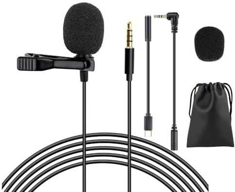 Gyvazla Micrófono de Solapa, 2M Lavalier Micrófono de Condensador Omnidireccional de 3,5 mm con 2 Adaptadores de Microphone Externos para Phones, PC y Cámaras