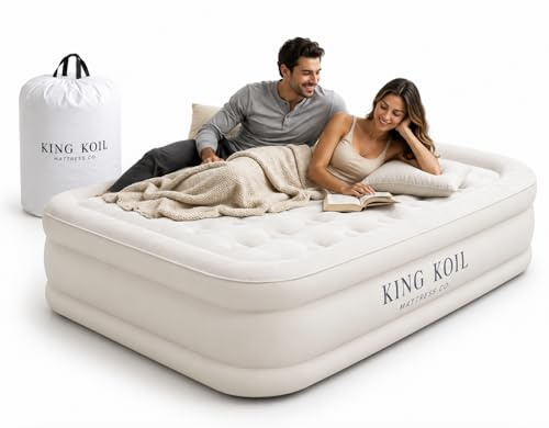 King Koil Luxury Built-in Pillow Top Queen Air Mattress with Built-in High-Speed Pump Best for Home, Camping, Guests, 20 Queen Size Double High Airbed, Blow Up Mattress, Waterproof, 1-Year Warranty