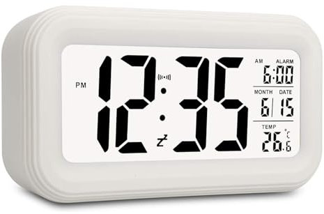 RAVSOOL Digital Alarm Clock, Electronic Large Digit Display Snooze Night Light Battery Operated Long Battery Life Clock with Date Calendar Temperature for Kids/Bedroom/Heavy Sleepers/Travel (White)