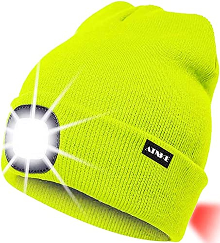 ATNKE 8LED beleuchtete Strickmütze, wiederaufladbare USB-Scheinwerferkappe mit extrem Heller, wasserdichter Lampe und Blinkender Alarm Rotes Rücklicht Multi-Color