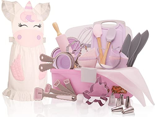 Baker Buddy Juego de Hornear de Unicornio para niños con Estuche de Almacenamiento, Utensilios de Trabajo Reales, cortadores de Galletas y Suministros para Hornear, Hermoso Delantal de Unicornio para