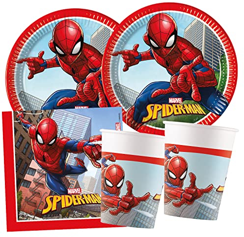 Procos - Set per feste S Spider Man Crime Fighter, set da 52 pezzi, 16 piatti, 16 bicchieri, 20 tovaglioli, stoviglie usa e getta, stoviglie per feste, decorazione da tavolo