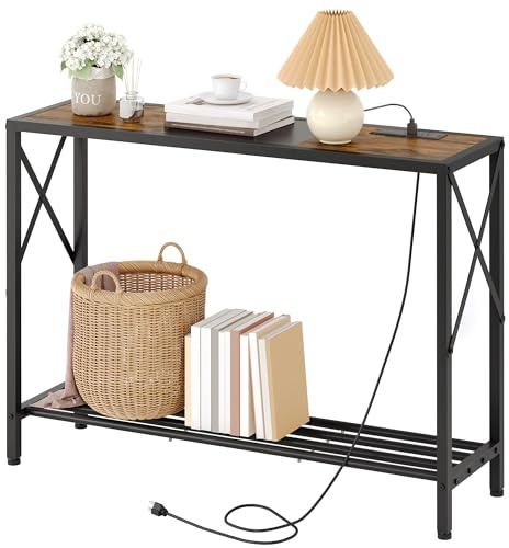 Tajsoon Console Table with Charging Station, 41.8 Entryway Table with Shelves, 2-Tier Narrow Sofa Table, Long Behind Couch Table, for Entryway, Foyer, Living Room, Hallway, Brown & Black