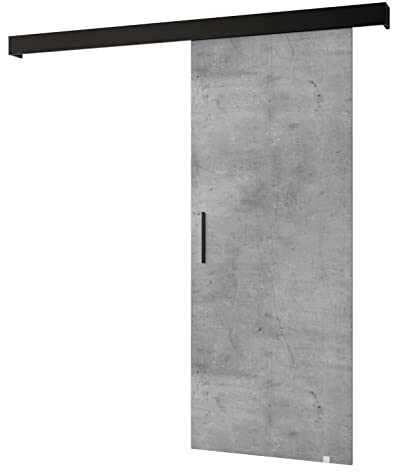 KRYSPOL Schiebetürsystem Salwador 1 Komplett-Set für Schiebetüren, Trennwände Innentüren, Modern Design (Beton/Gitter: schwarz matt/Griff: schwarz)