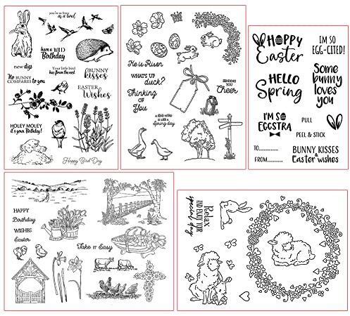 ISAKEN Ostern Klare Stempel, 5 Blätter Clear Stamp Hase Silikonstempel Küken Huhn Blume Wörter Stempel Frühling Clear Stempel Set für DIY Bullet Journal Scrapbooking Fotoalbum Ostern Stempelset